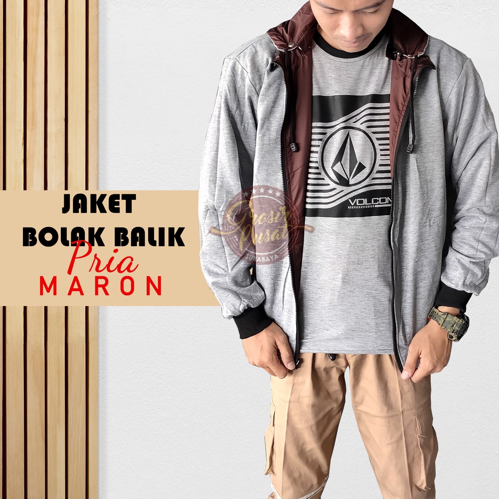 Jaket Bolak - Balik Maroon Parasut Fleece 2 In 1 Hoodie