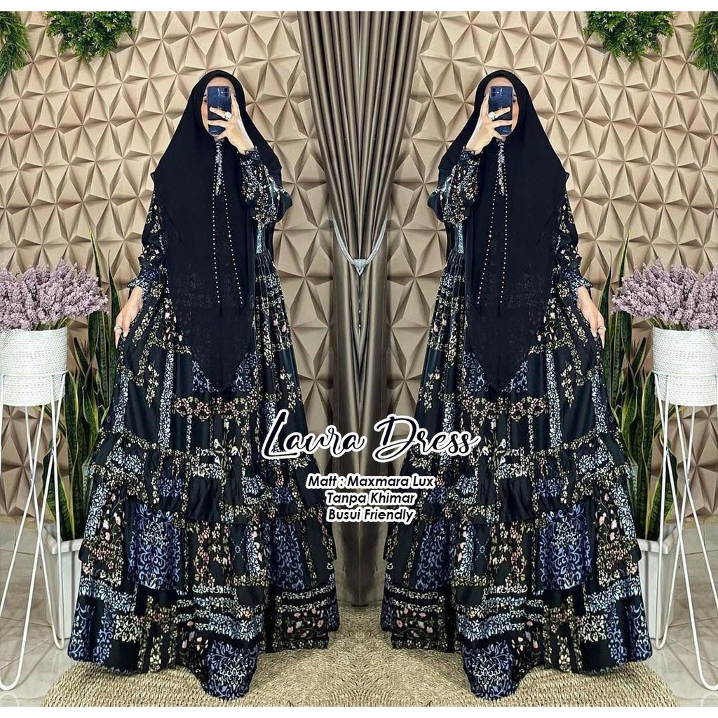 GAMIS MOTIF LAURA DRESS MENYUSUI WARNA HITAM GAMIS NAVY