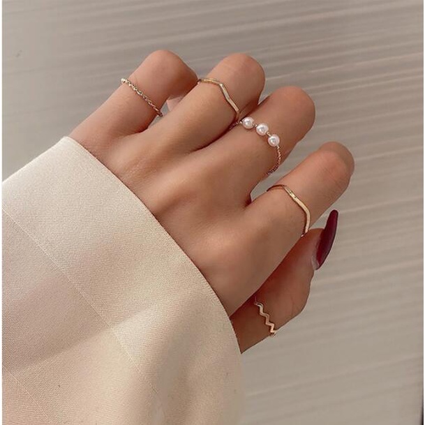 5pcs/set Korean Simple Geometric Pearl Ring Set Elegant Gold and Silver Adjustable Ring Set for Women Jewelry Accessories