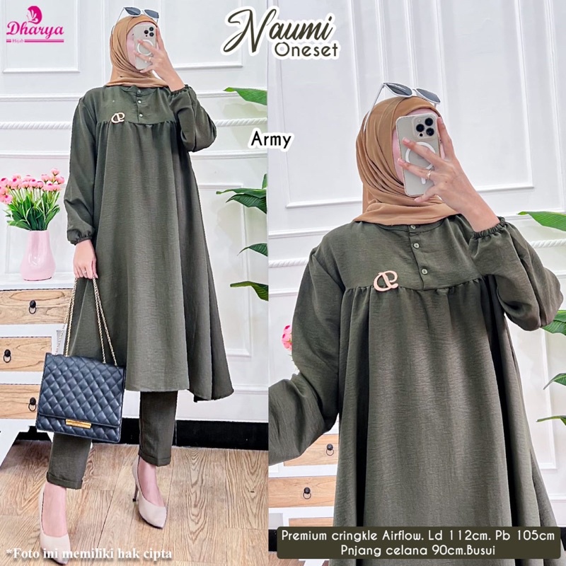 Dharya Hijab Setelan Celana Tunik Naumi Oneset Motif Polos Bahan Crinkle Airflow Ld 112