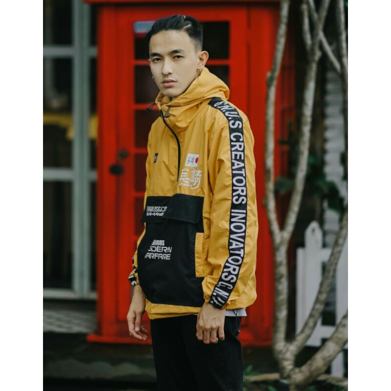 GENIOUS Jaket Cougle Waterpoof Jaket Parasut Pria Kuning Kombi Hitam