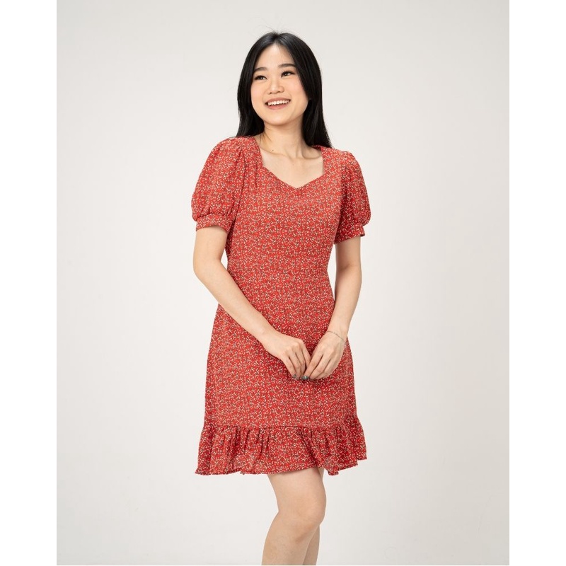 Bubble Sleeve Floral Dress Red By Youkki Made in Korea