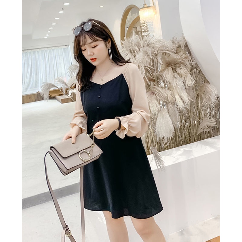 Spring and autumn dress 2021 new large women's dress 200kg skirt V-neck contrast color fat mm thin l