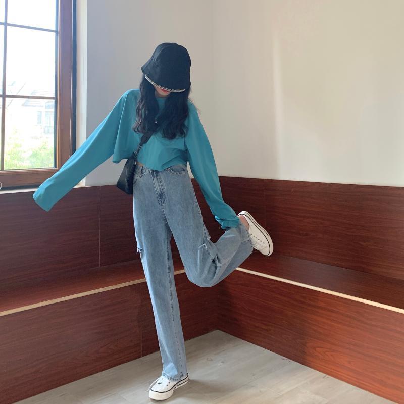 Ukuran Jumbo korean style new lubang biru muda kekinian high waist celana jeans panjang wanita