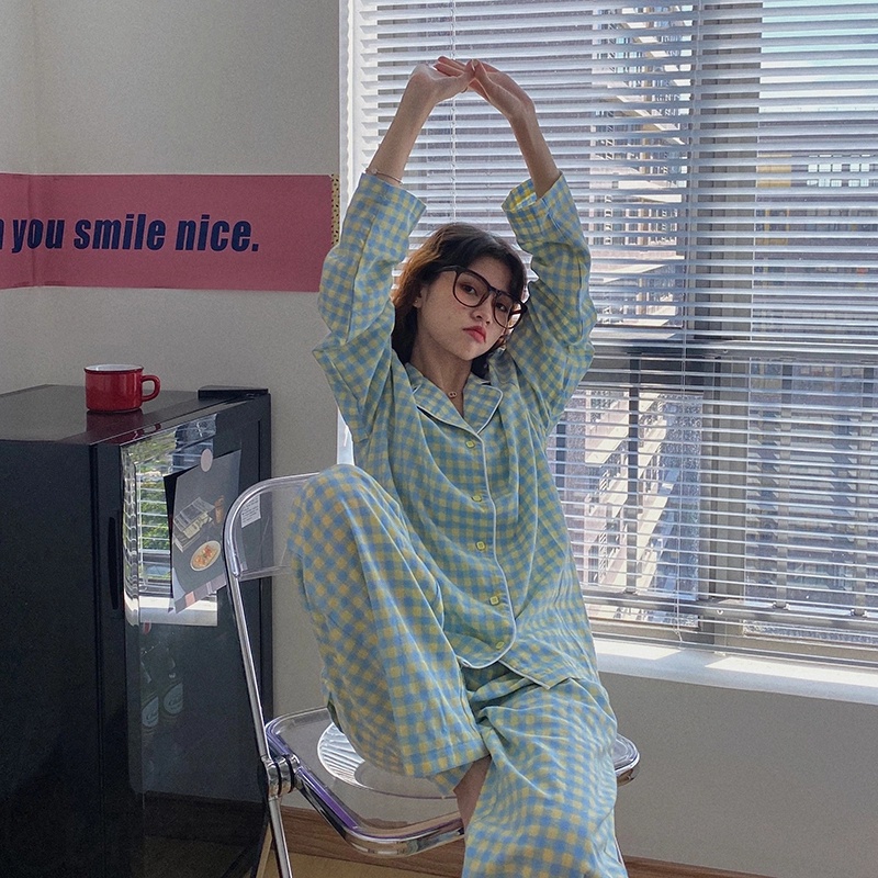 Baju tidur lengan panjang Piyama wanita pp import krah korean style-PP.K KOTAK GREEN