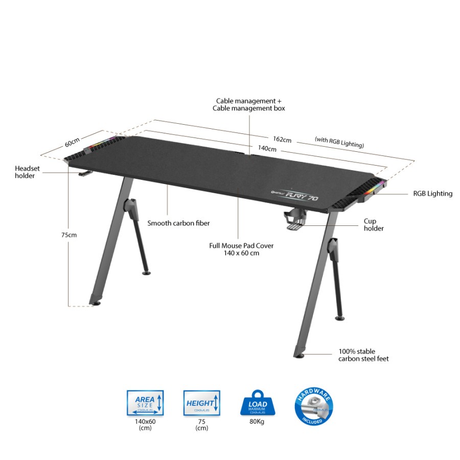 Gaming Desk Carbon Fiber RGB Meja Computer 140cm OXIMUS FURY70