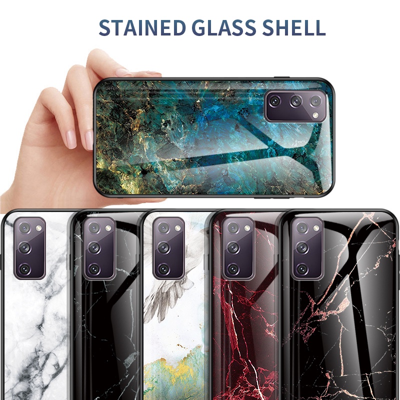 Samsung Galaxy S20FE S20 S20plus S20Ultra S21FE S21 S21plus S21Ultra Marble Tempered Glass Back Shockproof Phone Case with Soft Silicone Edge