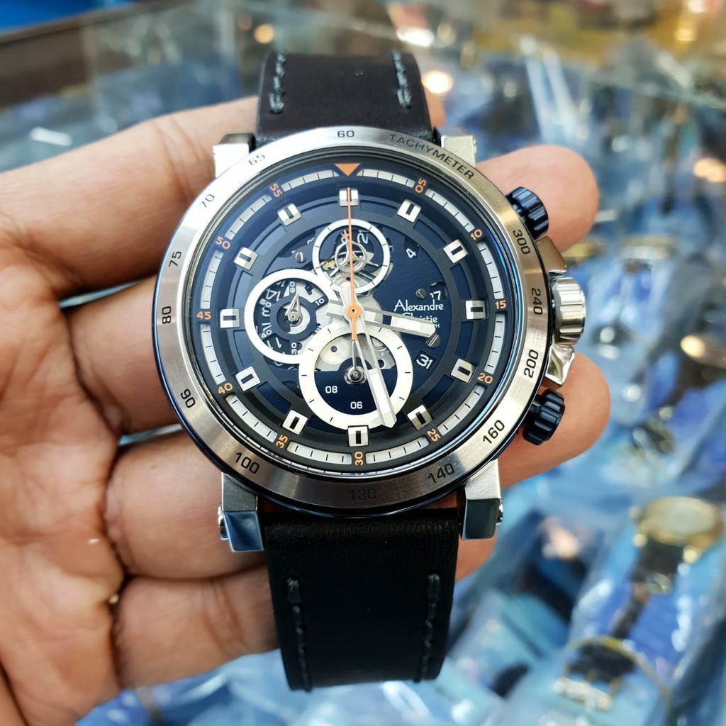 Jam original alexandre Christie AC 6429 pria stainless leather  hitam silver