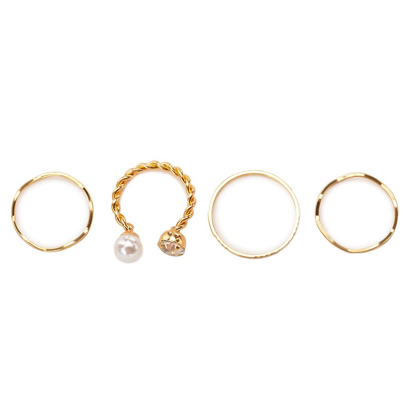 4Pcs / Set Cincin Fashion Terbuka Aksen Berlian Imitasi + Mutiara untuk Wanita