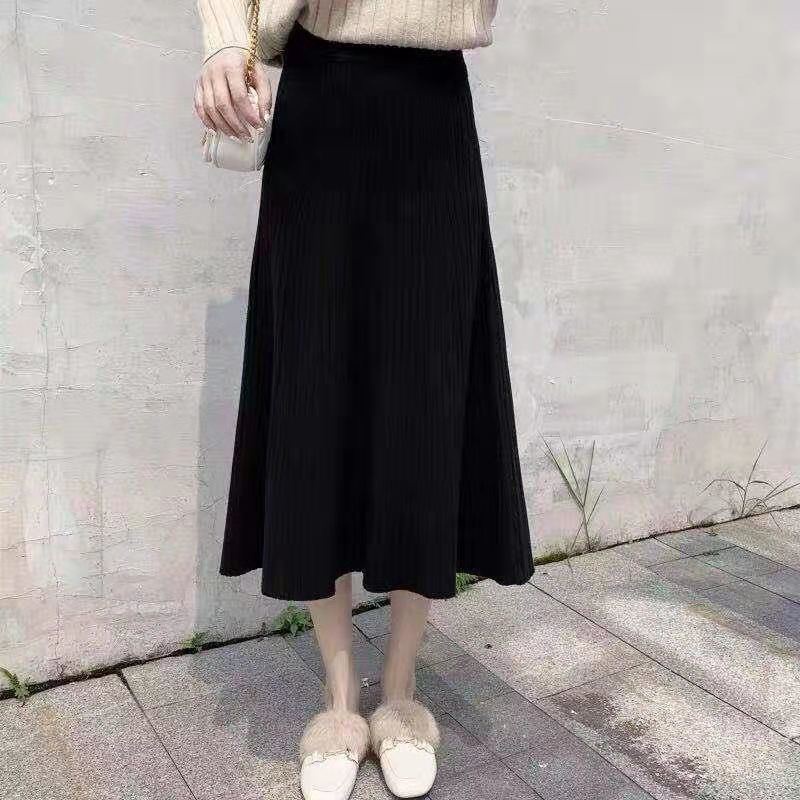 Rok Rajut Korean Style Pencil Skirt Rok Kantor Rok Panjang/Putih Rok Panjang Payung-64#hitam