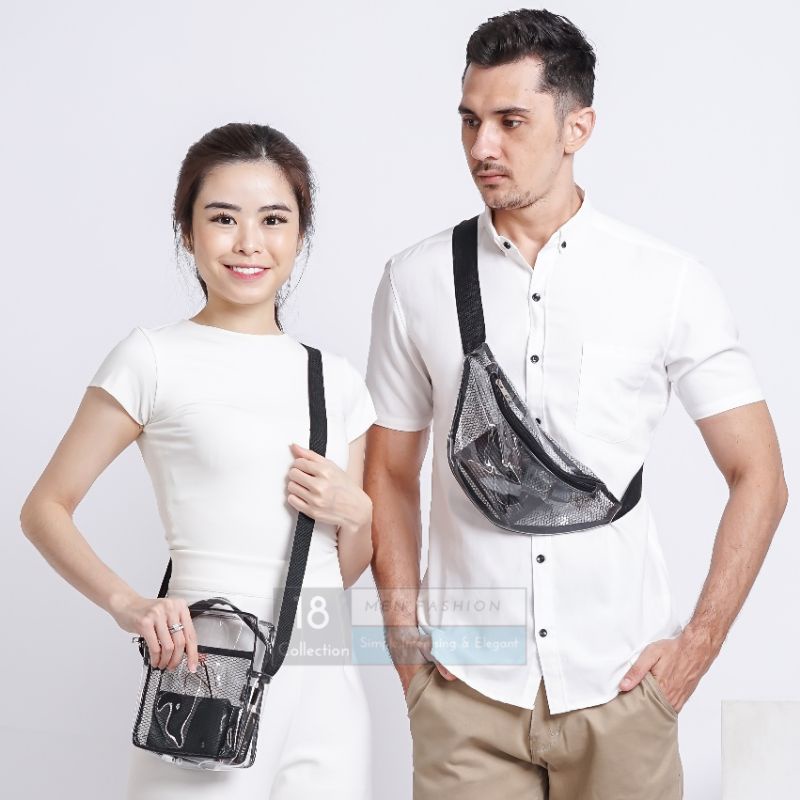 [Bisa COD] Waist Bag Sling Bag Transparant Dengan Jaring Pria Wanita Bisa Pakai