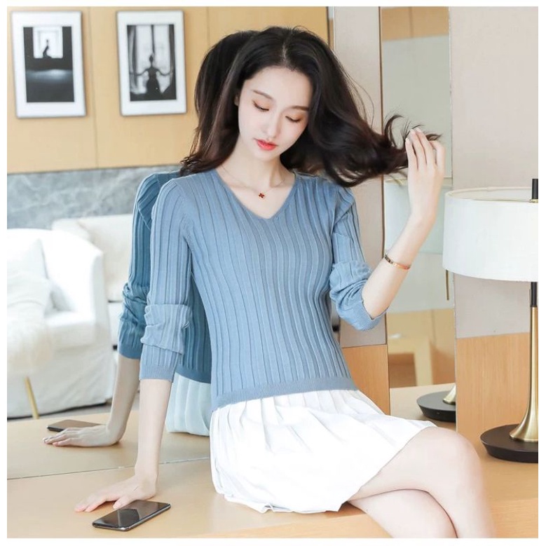 Sweater Basic V neck Soft Knit Import - Blouse Rajut Polos V neck TM (C506)