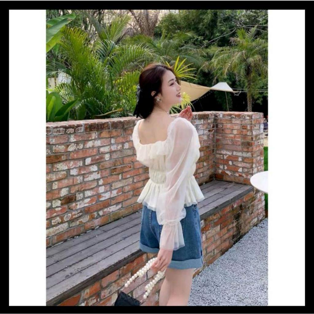 Blouse atasan wanita angan panjang tulle Paris model korea 956