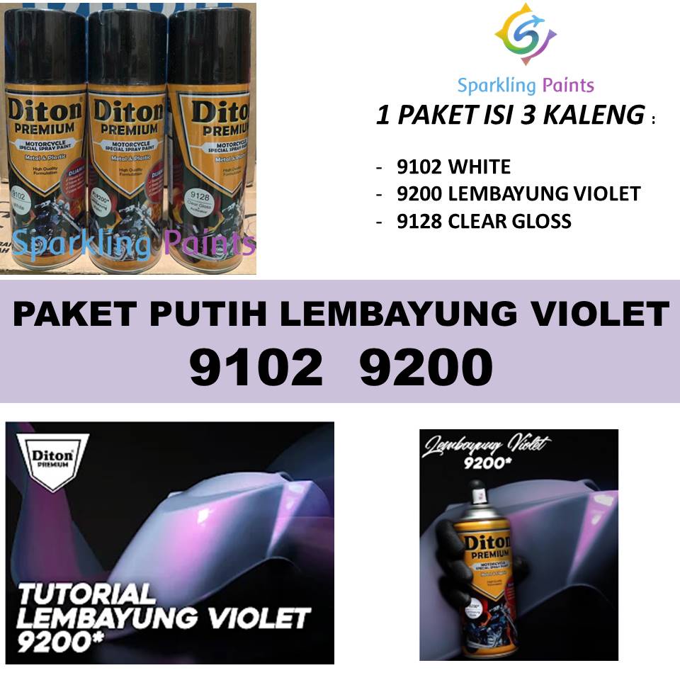 PAKET Diton Premium Lembayung Violet 9200 + White 9102 + Clear 9128 / Cat Putih Ungu Vernis Gloss Mengkilap Pilok Pilox Pylox 400ml