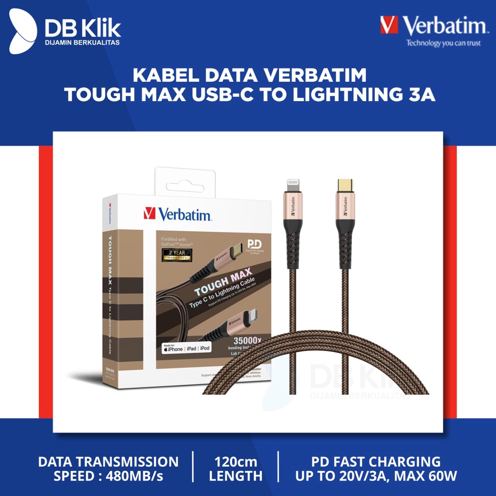 Kabel Data Verbatim Tough Max USB-C to Lightning MFI 3A 120cm