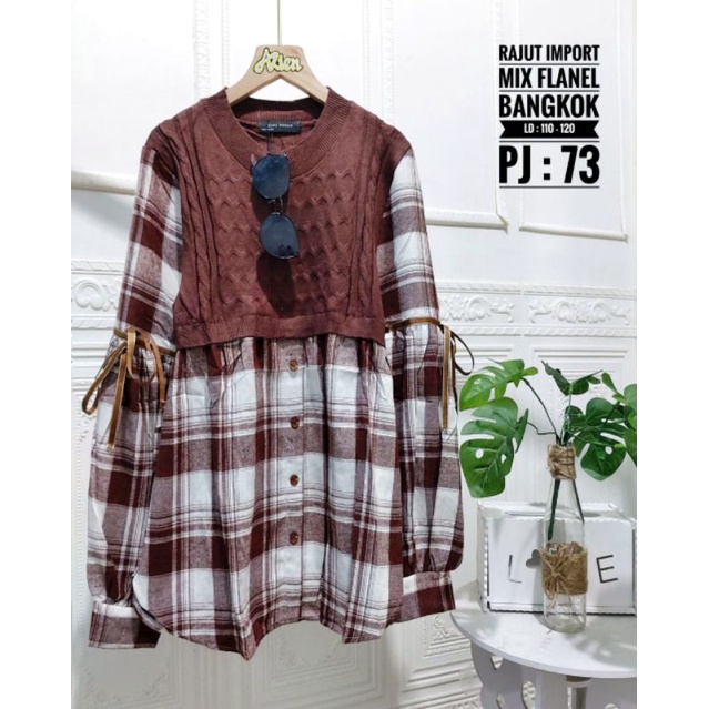 Atasan wanita bahan rajut import mix flanel import ukuran allsize ld 110