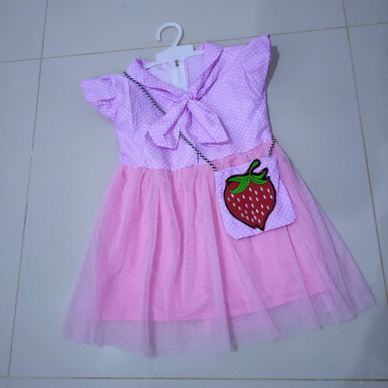 Dress anak cewek 1 2 tahun baju anak perempuan bonus tas kecil ( dress polka TAS )