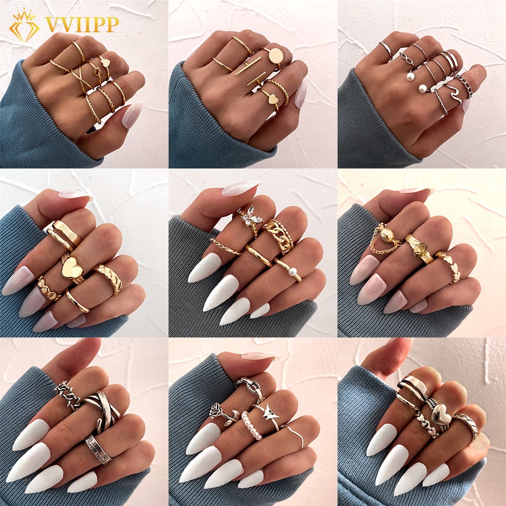 Retro Women Pearl Gold Silver Ring Set Butterfly Love Heart Finger Rings Fashion Resin Ring Jewelry Accessories