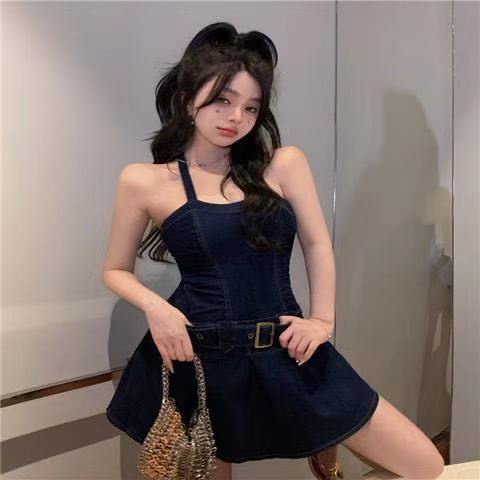 Gaun suspender denim pinggang biru wanita 2022 musim panas baru a-line halter neck tanpa lengan rok