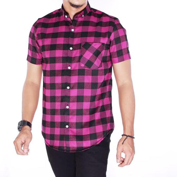 Kemeja Flanel casual Pria lengan pendek kotak-kotak - ungu 135 BI820