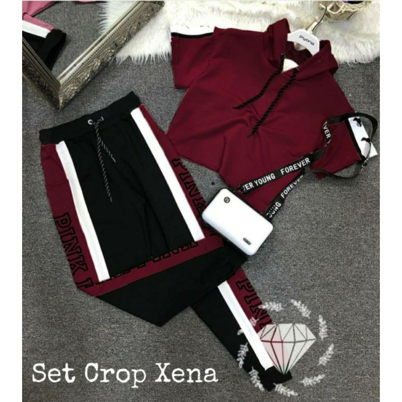 PCS SET CROP XENA HOODIE BAHAN BABYTERRY SETELAN ATASAN DAN CELANA MR ADA VIDEO PRODUK ASLI