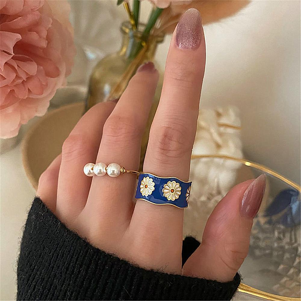 Lily Cincin Wanita Cincin Kawin Biru Segar Dan Elegan Cincin Motif Enamel Kecil