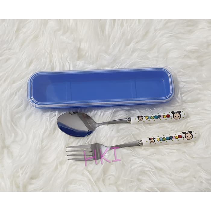 TERMURAH SET SENDOK GARPU STAINLESS GAGANG KERAMIK + TEMPAT - TSUM TSUM