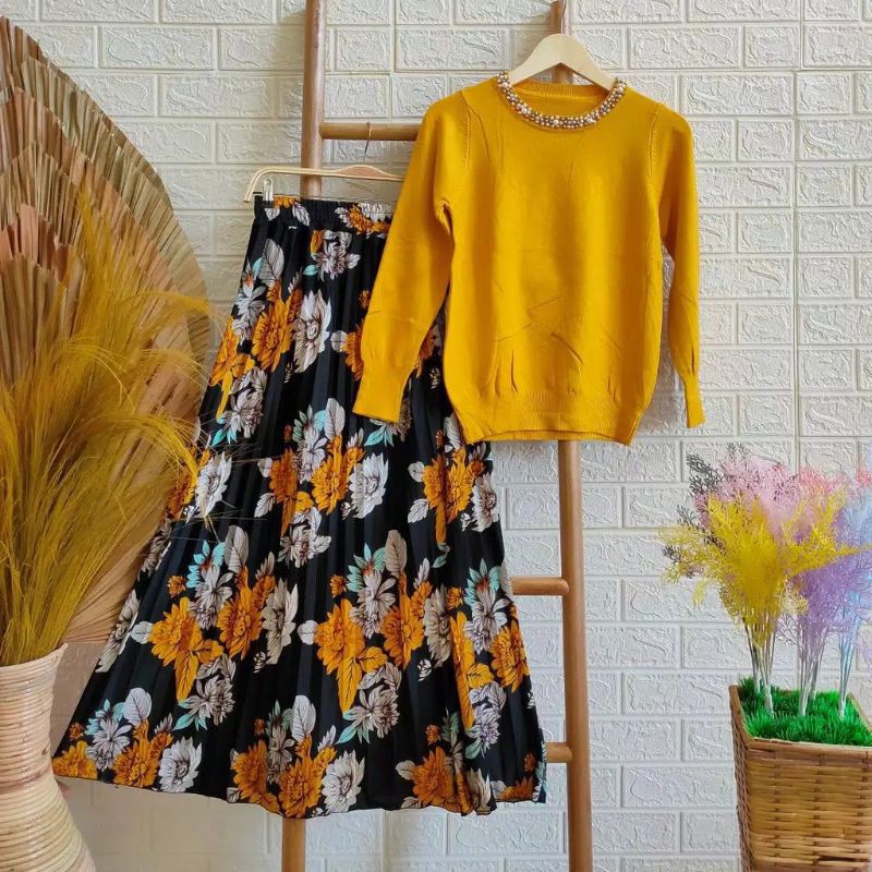 DBK //SET ROK PLISKET MOSCREPE & RAJUT IMPORT/ SETELAN BANGKOK WANITA