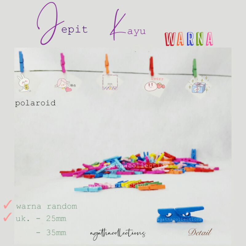 Grosir Jepit Foto kayu Mini warna  warni polos 35mm isi 10 pcs