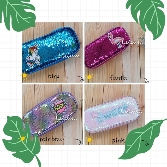 Kotak pensil sequin unicorn flamingo ATK01 pencil case reversible