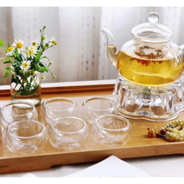 8pcs double layer glass tea set ( 1 teapot + teapot stand + 6 double layers glass cups)