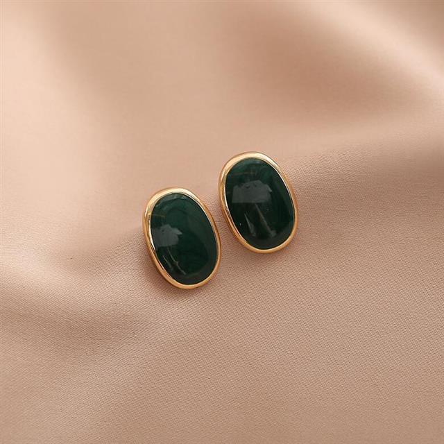 925 jarum perak Oval geometris telinga wanita retro elegan gelap hijau anting-anting niche Bahasa Pe