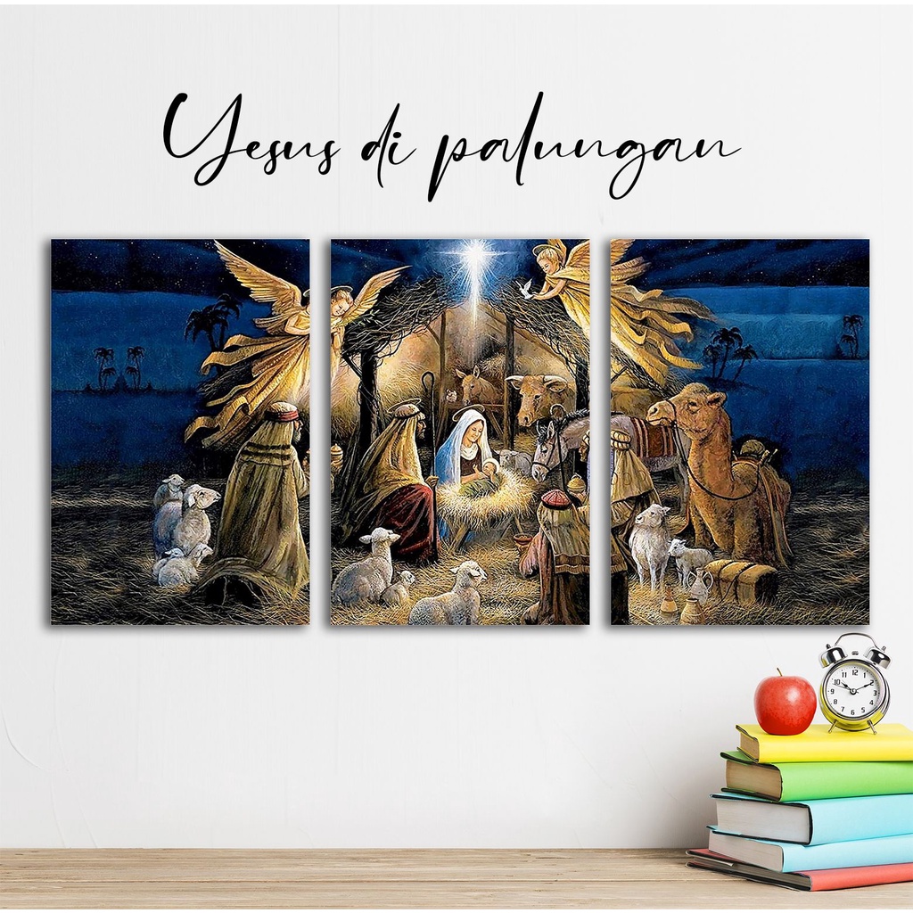 poster kayu yesus lahir di palungan hiasan dinding dekorasi kristen / katolik
