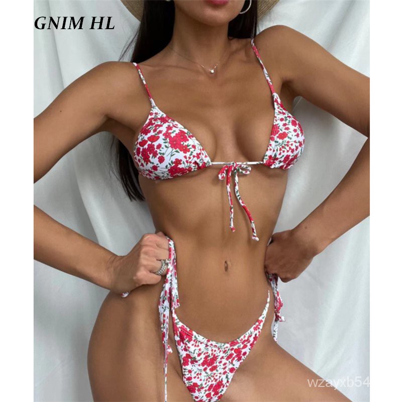 GNIM Sexy Triangle Bandage String Bikini Swimwear Women 2021 Floral Print Swimsuit 2 Piece Micro Swi