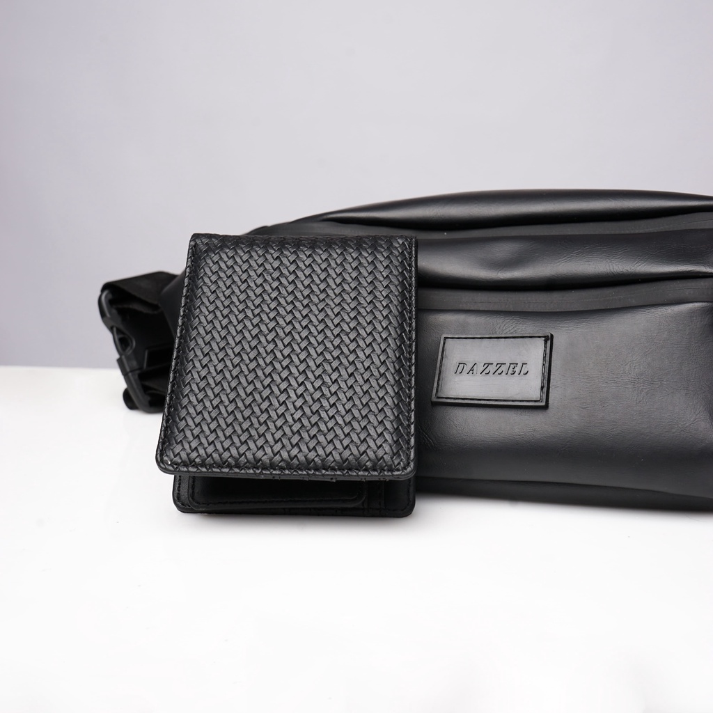 DAZZEL - PAKET BUNDLING BLACK - NARA WAISTBAG + FINN DOMPET - Tas Slempang Pria Hadiah Gift Kado Cowok
