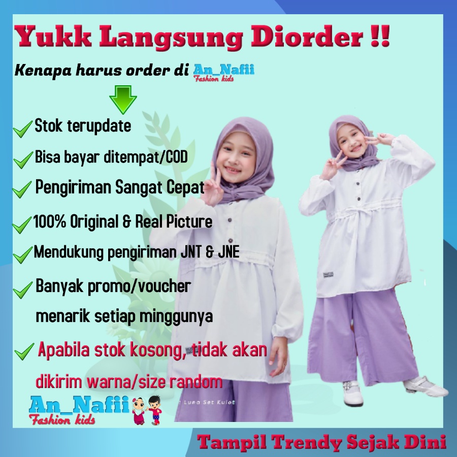 Hooflakids Baju Setelan Anak Perempuan Luna Set Kulot Usia 3 - 12 Tahun Setelan Dress Anak Perempuan