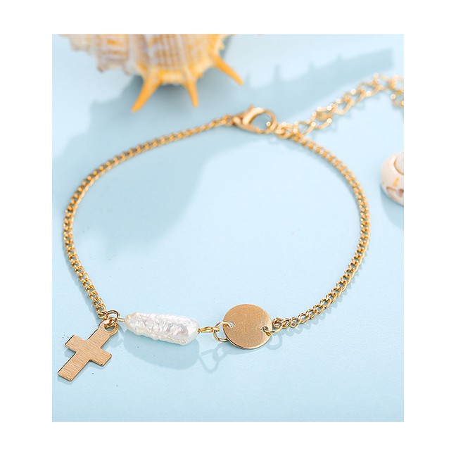 LRC Gelang Tangan Fashion Gold Sequined Cross Freshwater Pearl Bracelet F76891