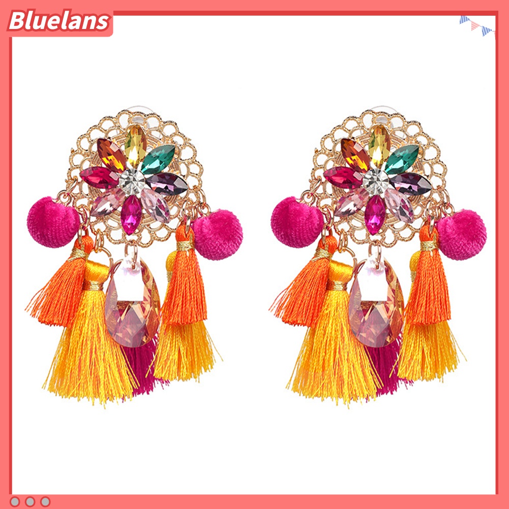 Anting Stud Panjang Rumbai Pompom Berlian Imitasi Gaya Boho Untuk Wanita