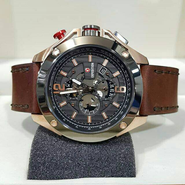 Jam Tangan Expedition 6697 Men tali Kulit Mesin Baterai Original