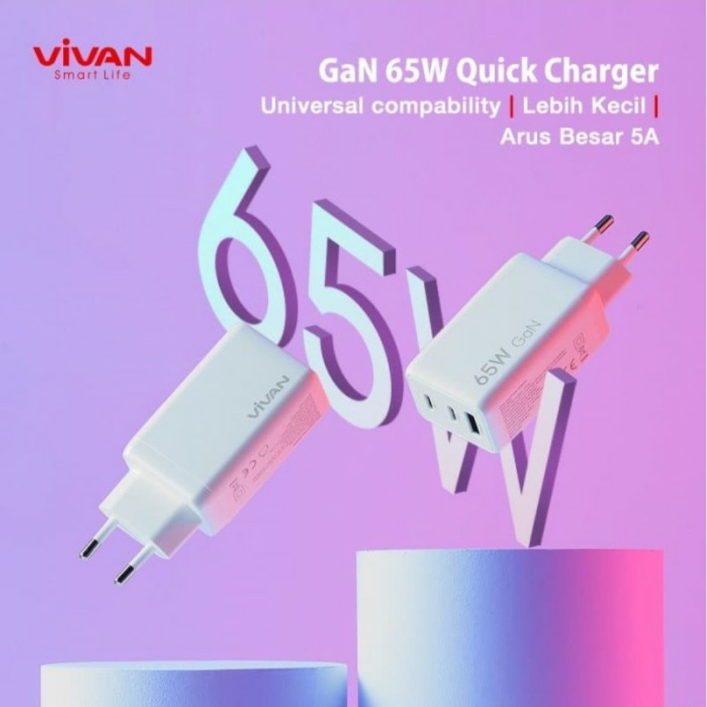 VIVAN Charger GaN01 65W 5A 3 Output PD QC3.0 QC4.0 Port Quick Charge
