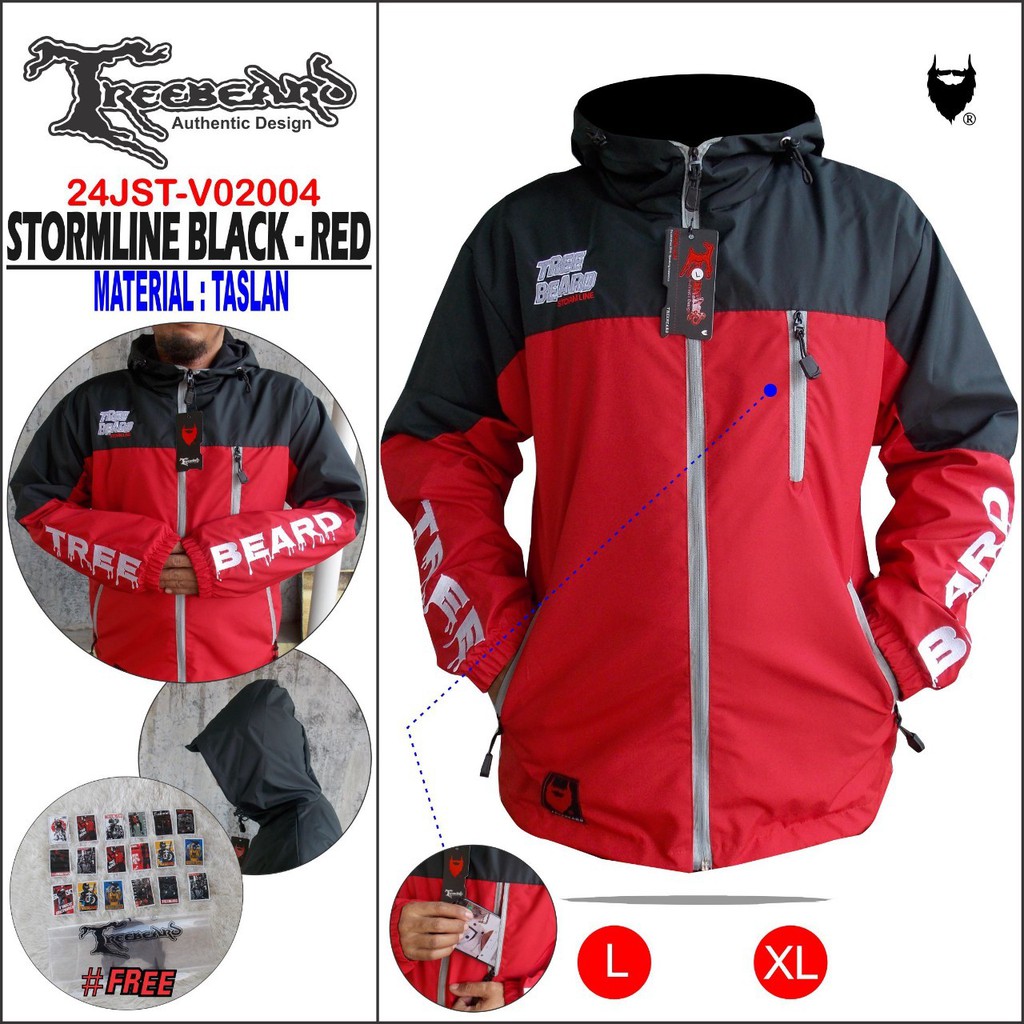 AKN- JAKET HOODIE PRIA ANTI AIR / JAKET PARASUT PRIA OUTDOR WATERPROOF RAPPERWEAR ORIGINAL TREEBEARD-ST- BLACK RED