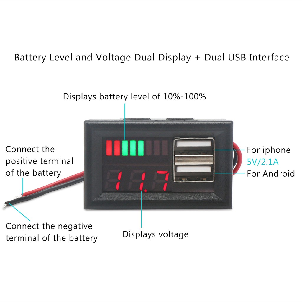 3in1 Battery Meter + 2 USB Charging Port lead acid Baterai Aki 12v 18650 3S Mobil Motor Charger HP