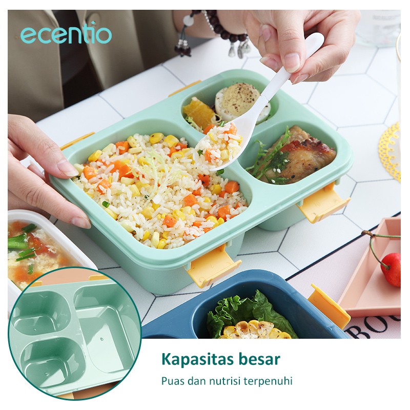 ecentio Kotak bento 4/3 Grid lunch box/disegel kotak makan/tempat makan dan sendok1400/850ml