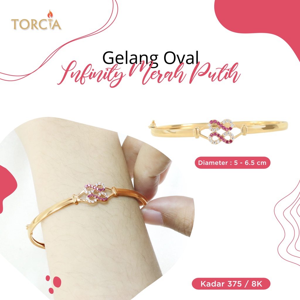 Gelang Oval Emas Asli Infinity Merah Putih Kadar 375 Torcia
