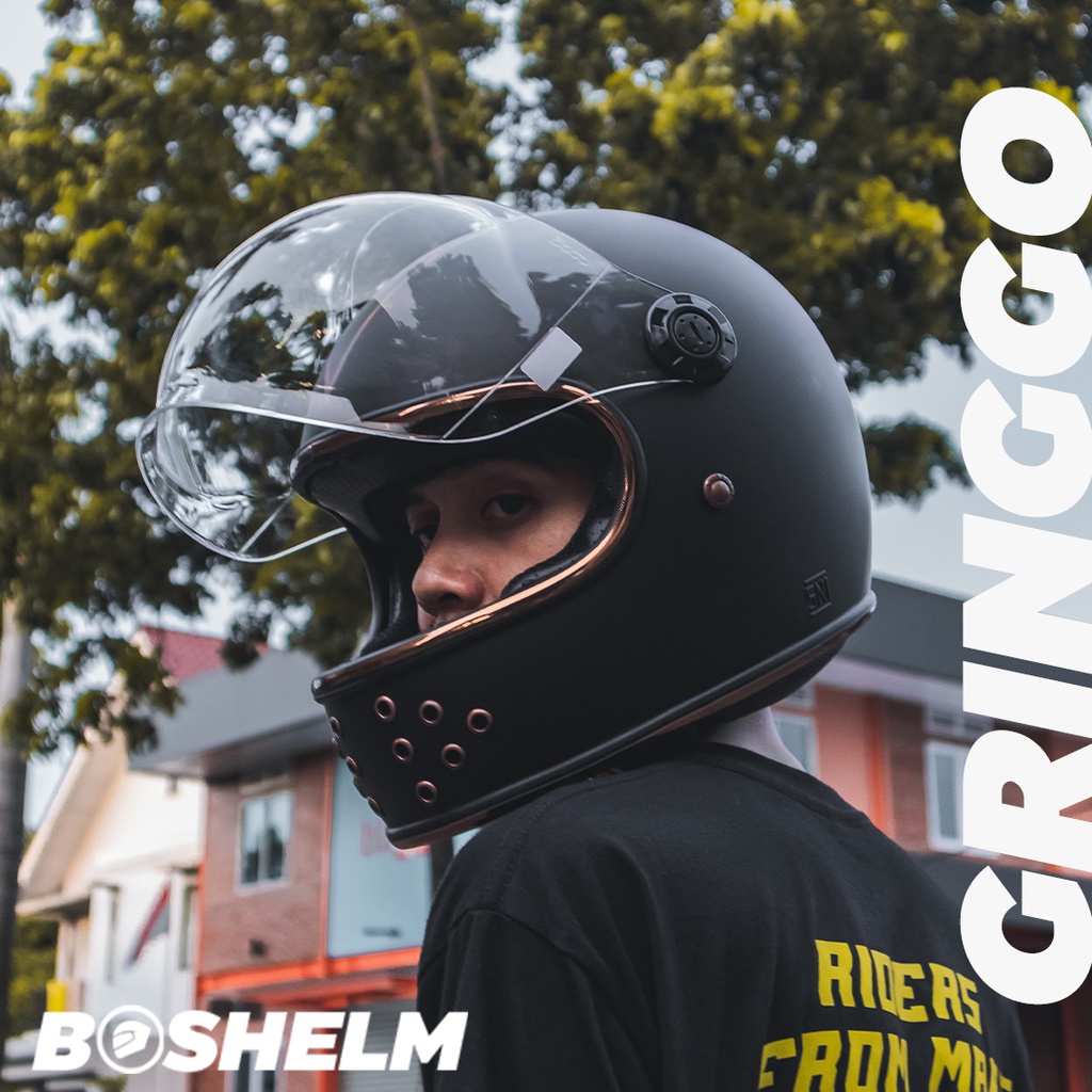 BOSHELM Helm Retro Fino Gringo HITAM DOFF List Gold Helm Cakil Full Face SNI