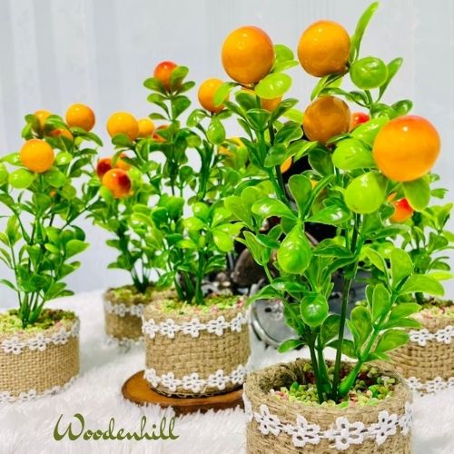 Hiasan Bunga Buah Jeruk Plastik Dengan Pot Goni