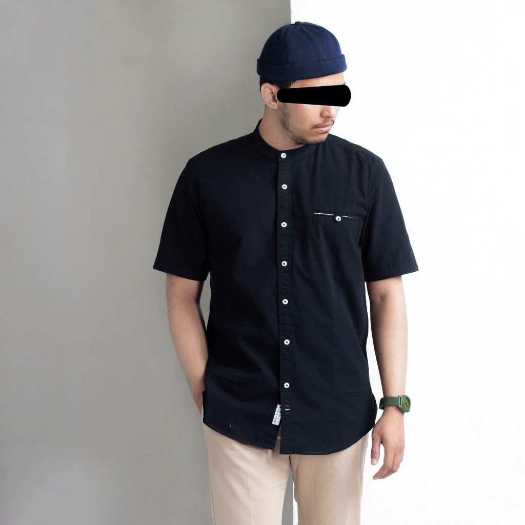 SAVIQ kemko lengan pendek baju muslim polos pria kemeja koko Hitam kode KQS4004