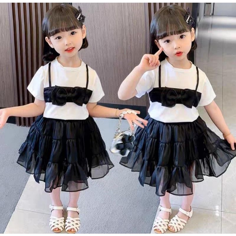 LS setelan vest rok wave layering import pakaian anak perempuan