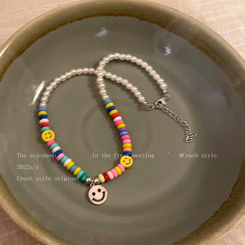 Kalung Rantai Klavikula Liontin Manik-Manik Mutiara Smiley Warna-Warni Pelangi