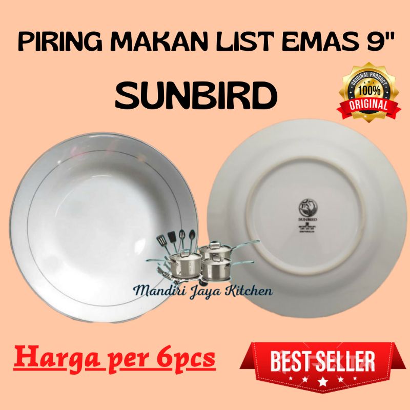 Piring Makan List Emas 9 Inch/Piring Keramik 9 Inch/Sunbird/Harga per 6pcs